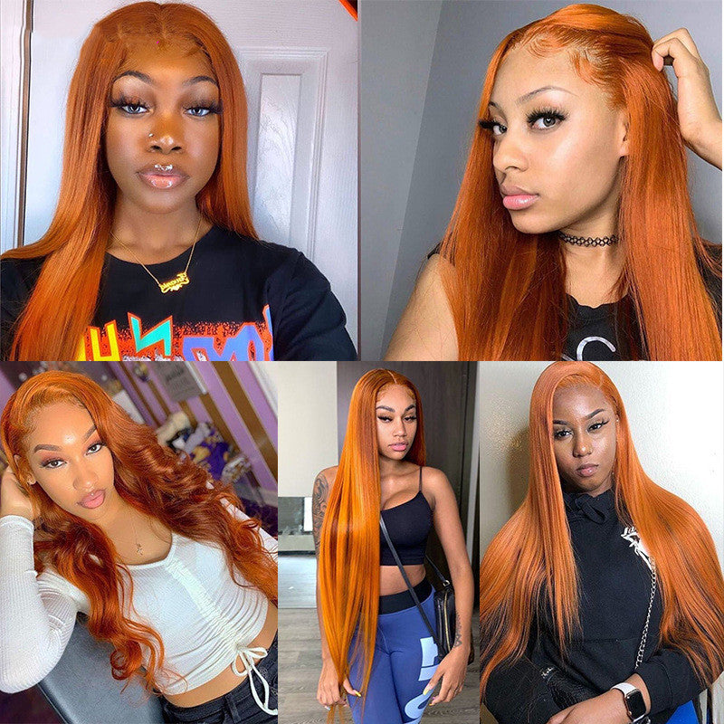 Real Hair Dark Orange Straight Headgear Wig Straight Headgear