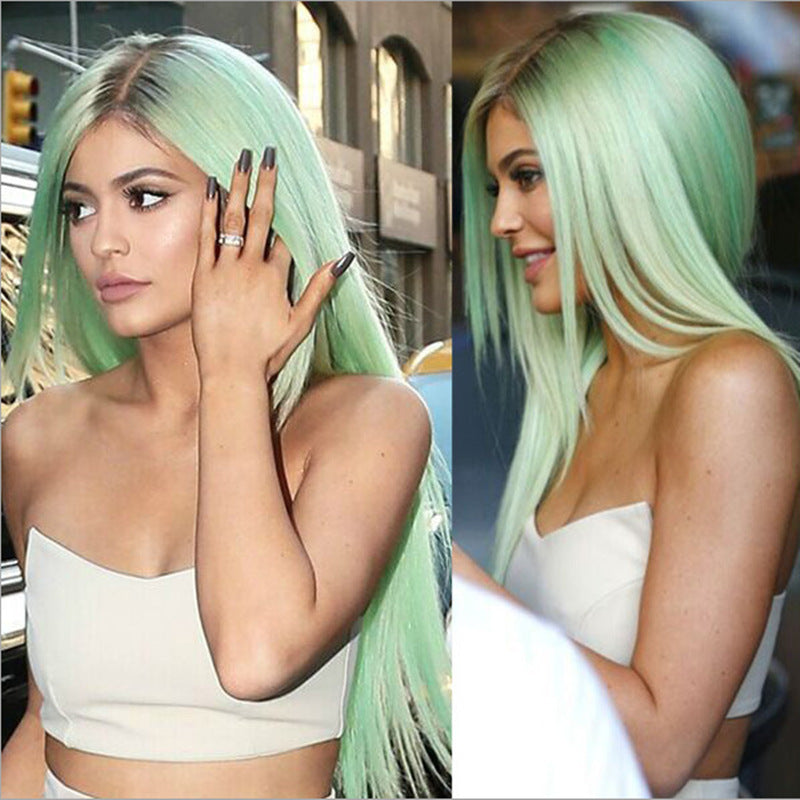 Mint Green Wig, Long Straight Hair, Black And Green Dyed Gradient Chemical Fiber Headgear