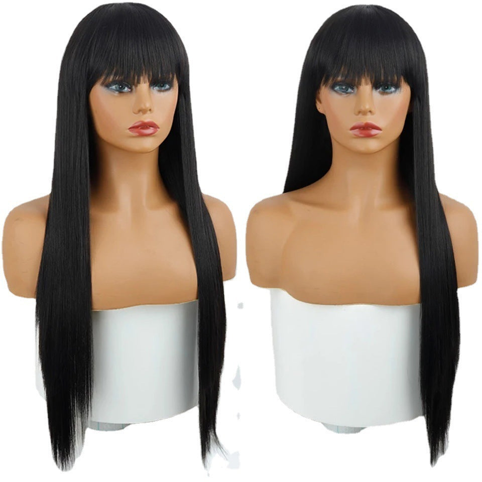 Net Celebrity Female Long Hair Air Bangs Black Long Straight Natural European And American Medium Long Hair Wig Head