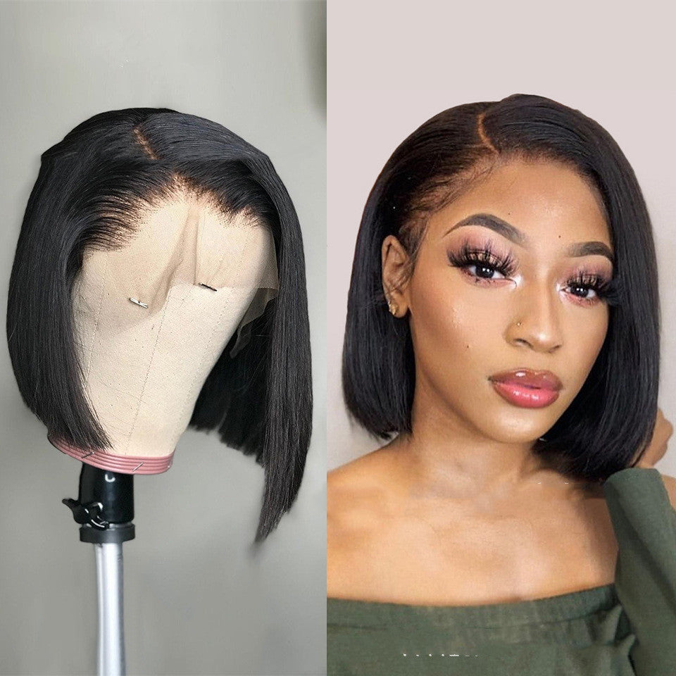 Tongcan Hot Sale European And American Front Lace Wig With Side Black Short Straight Hair Color Size Can Be Customized