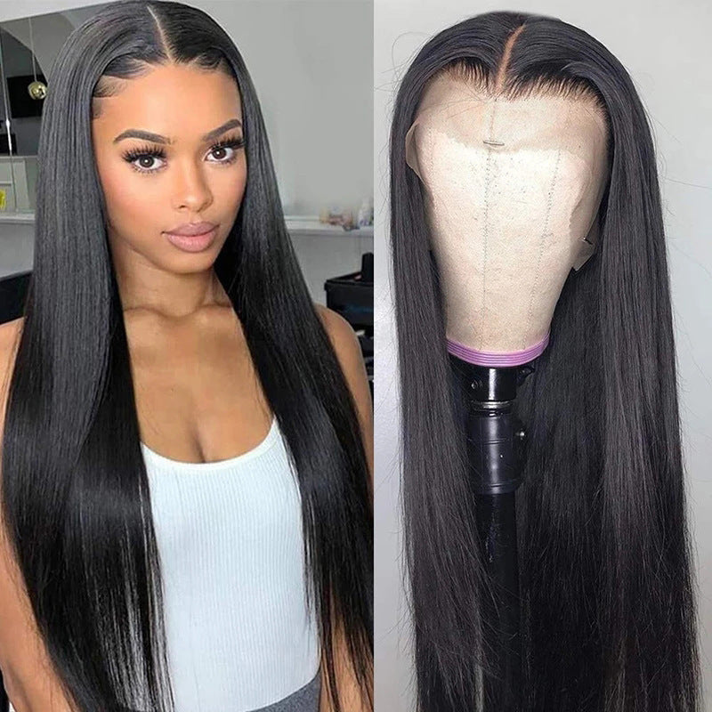 Chemical Fiber Headgear, Black Turban, Long Straight Hair, Front Lace Wig, Straight Hair