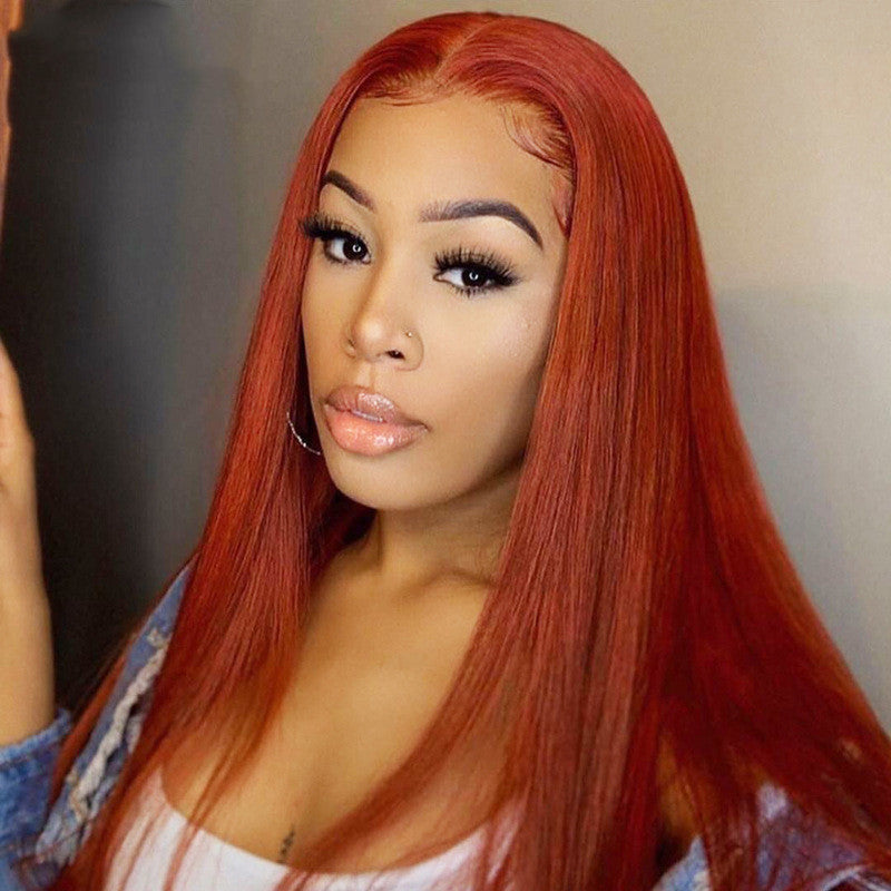 Real Hair Dark Orange Straight Headgear Wig Straight Headgear