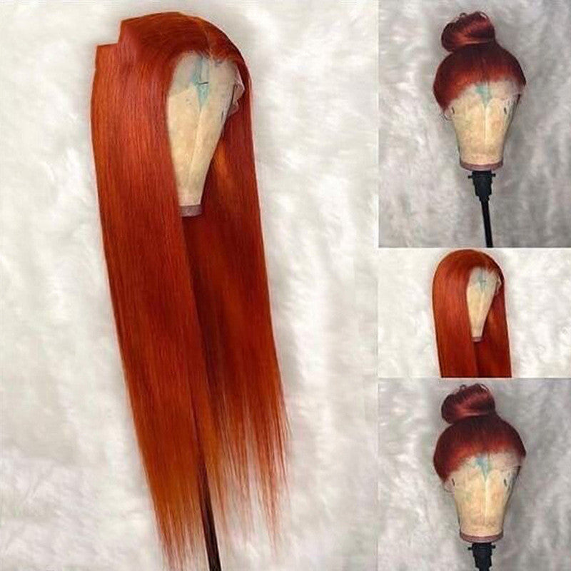 Real Hair Dark Orange Straight Headgear Wig Straight Headgear