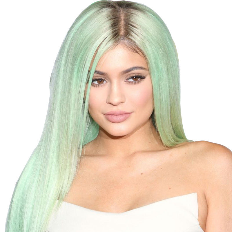 Mint Green Wig, Long Straight Hair, Black And Green Dyed Gradient Chemical Fiber Headgear