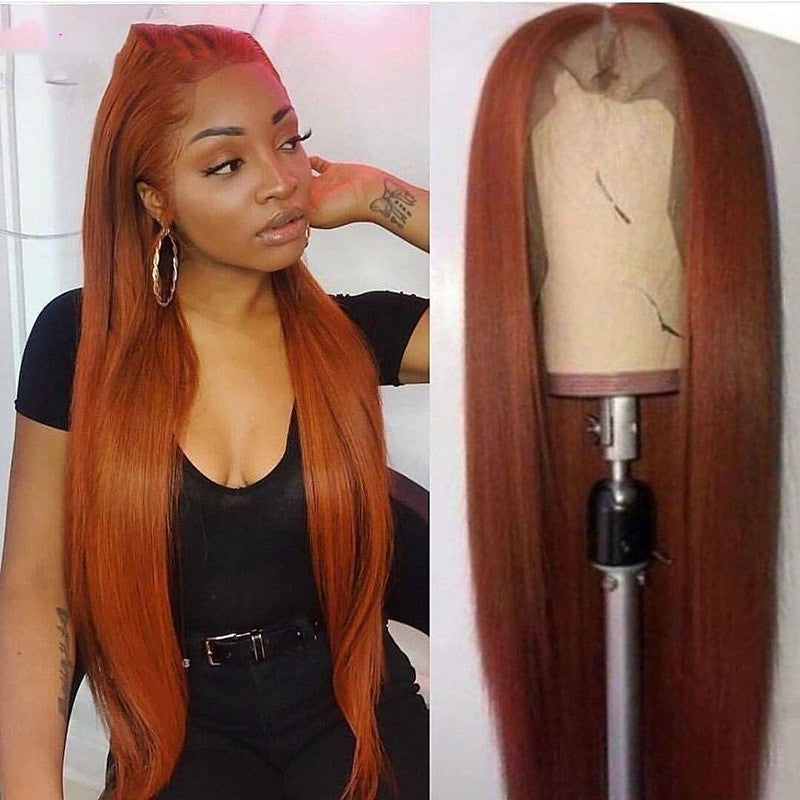 Real Hair Dark Orange Straight Headgear Wig Straight Headgear