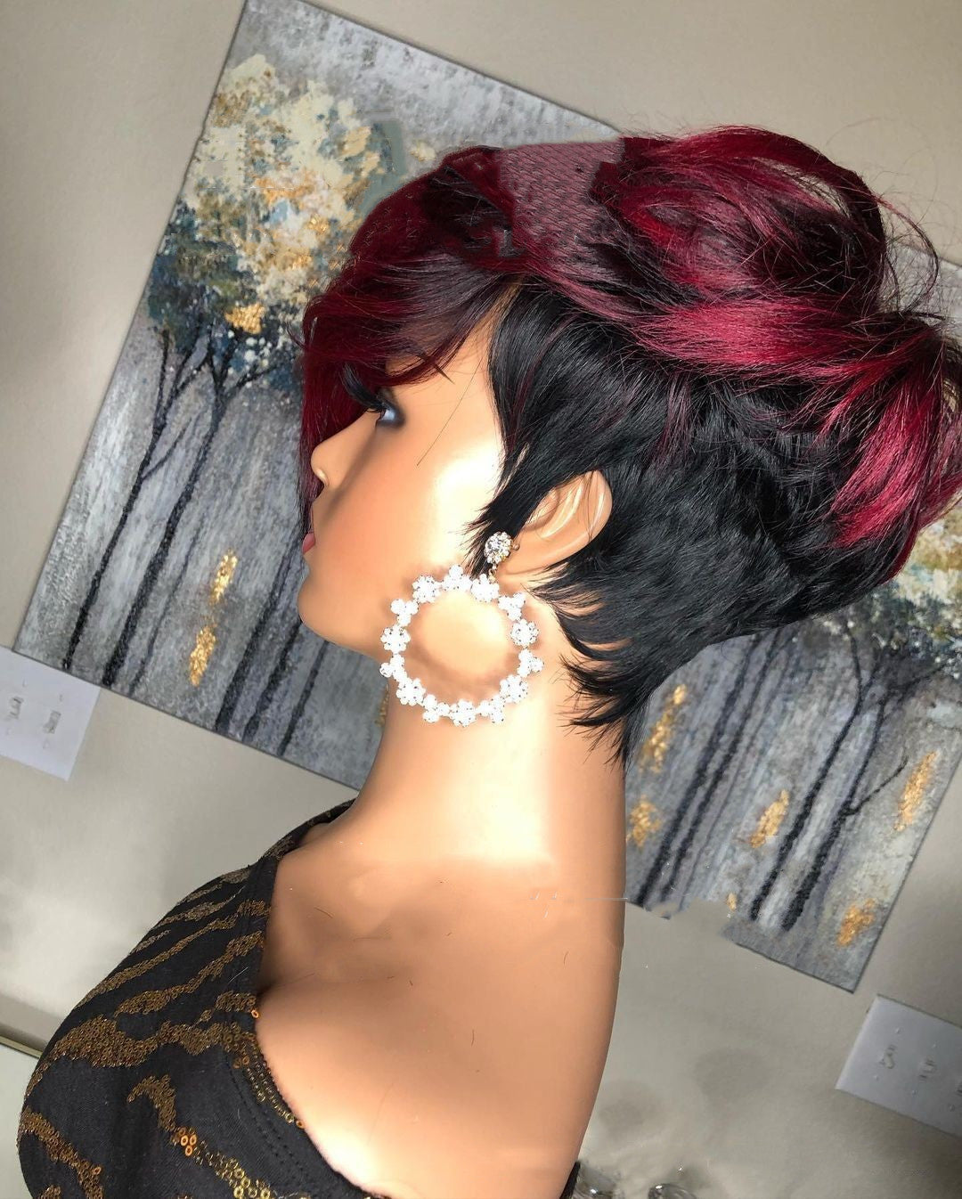 coool Dark Red Pixie Cut Wig Human Hair Short Bob Wig With Natural