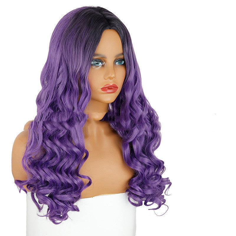 Wig Headgear Black And Purple Two-color Gradient Big Wave Long Curly Hair Synthetic