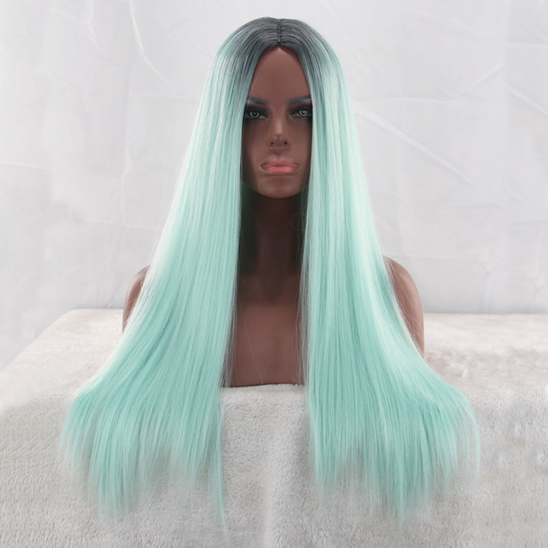 Mint Green Wig, Long Straight Hair, Black And Green Dyed Gradient Chemical Fiber Headgear