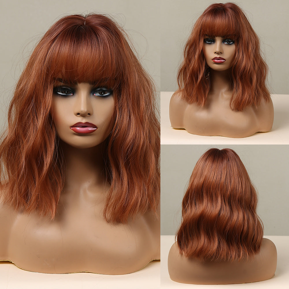 Human Orange Long Curly Hair With Bangs Wig