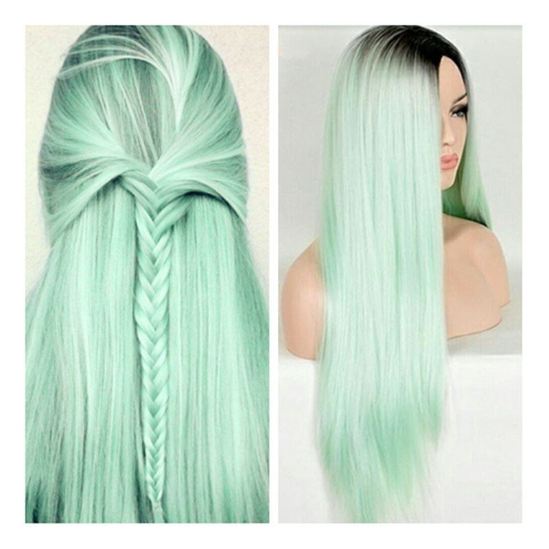 Mint Green Wig, Long Straight Hair, Black And Green Dyed Gradient Chemical Fiber Headgear