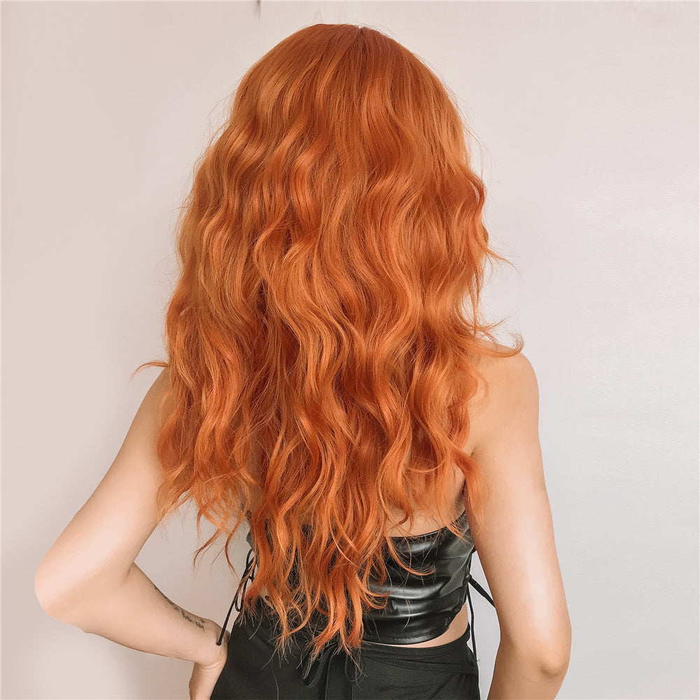 Human Orange Long Curly Hair With Bangs Wig