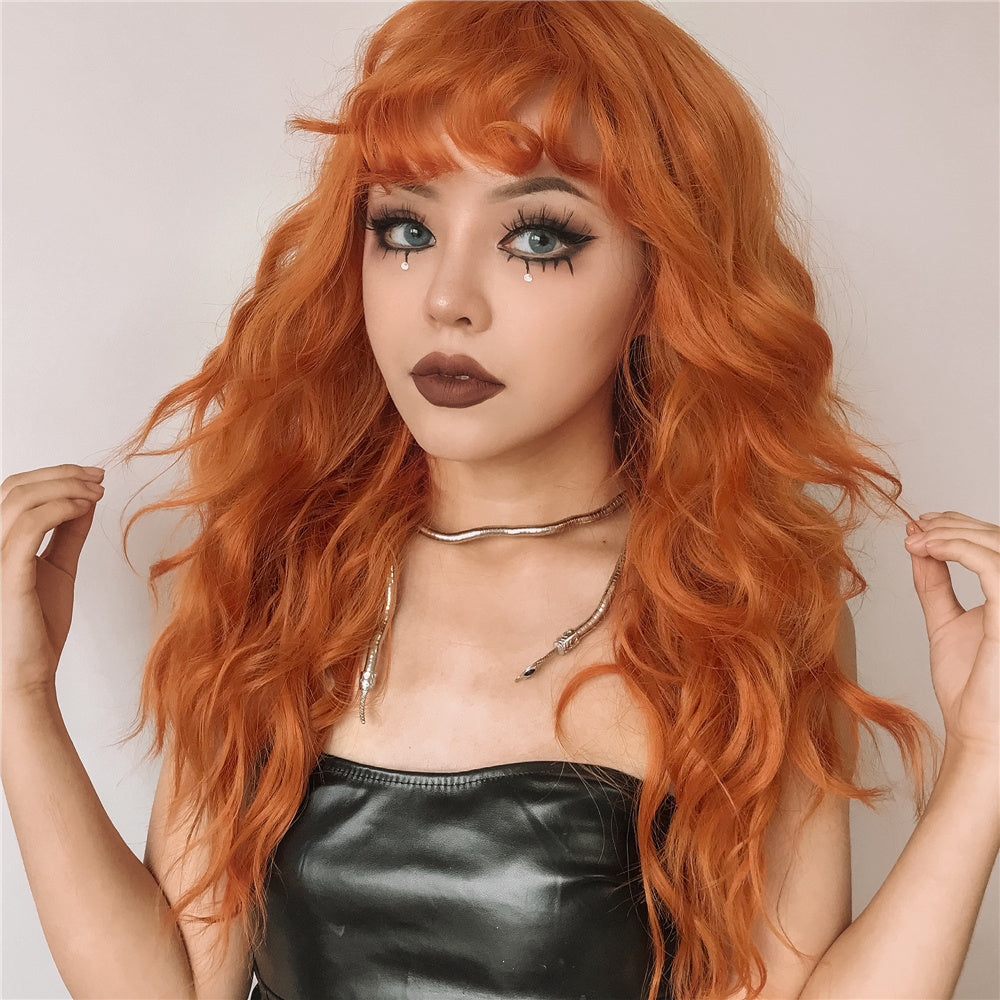 Human Orange Long Curly Hair With Bangs Wig