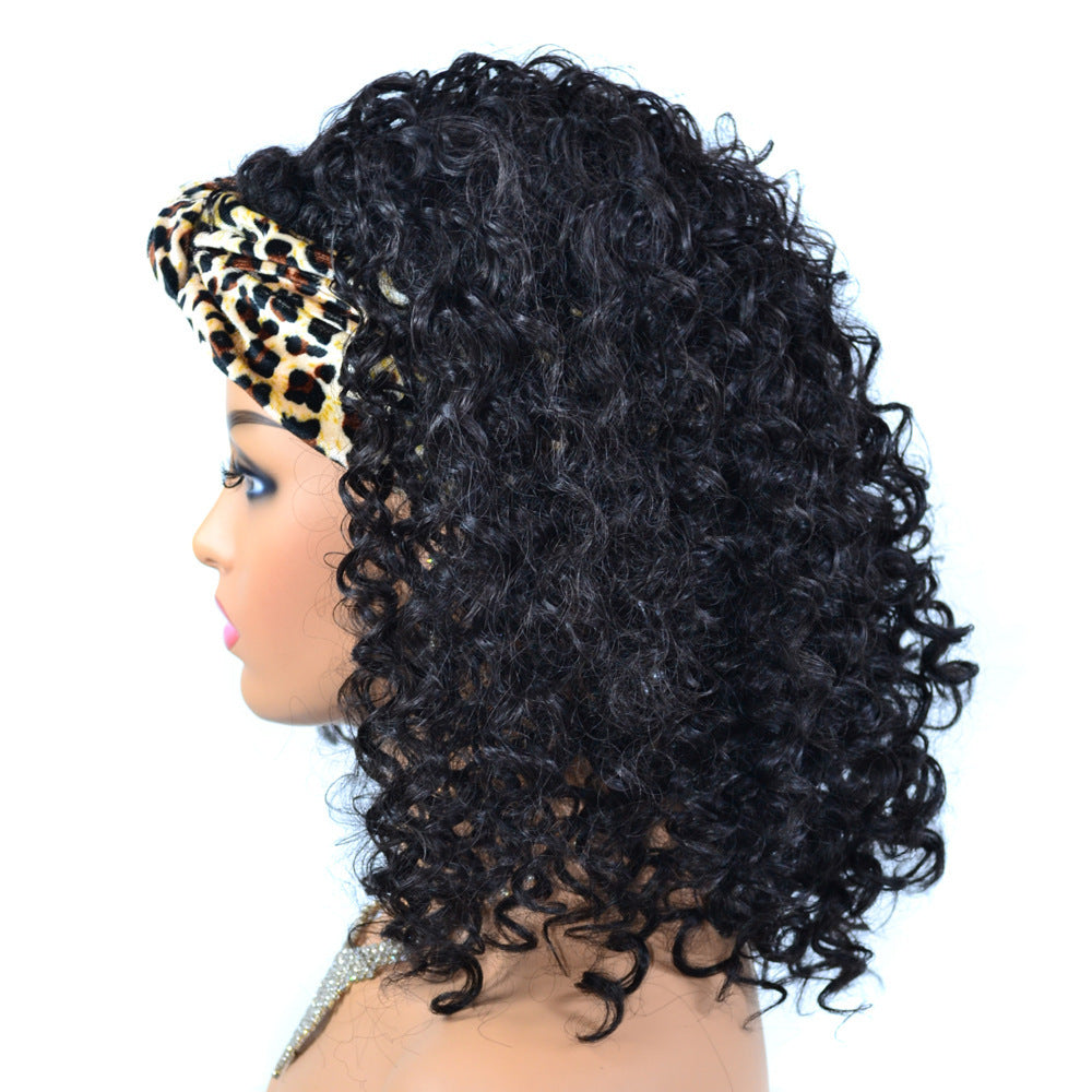 Leopard Print Headband Bandana Wig Head Cover Medium Length Deep Curly Wig Head Cover