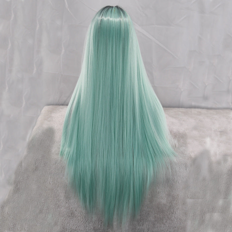 Mint Green Wig, Long Straight Hair, Black And Green Dyed Gradient Chemical Fiber Headgear