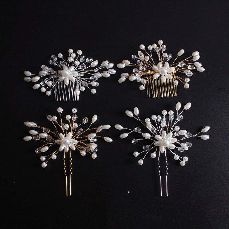 Coool Hair Korean Exquisite Pearl Comb Diamond Crystal Fork Handmade Hairpin Bridal Headwear Accessories