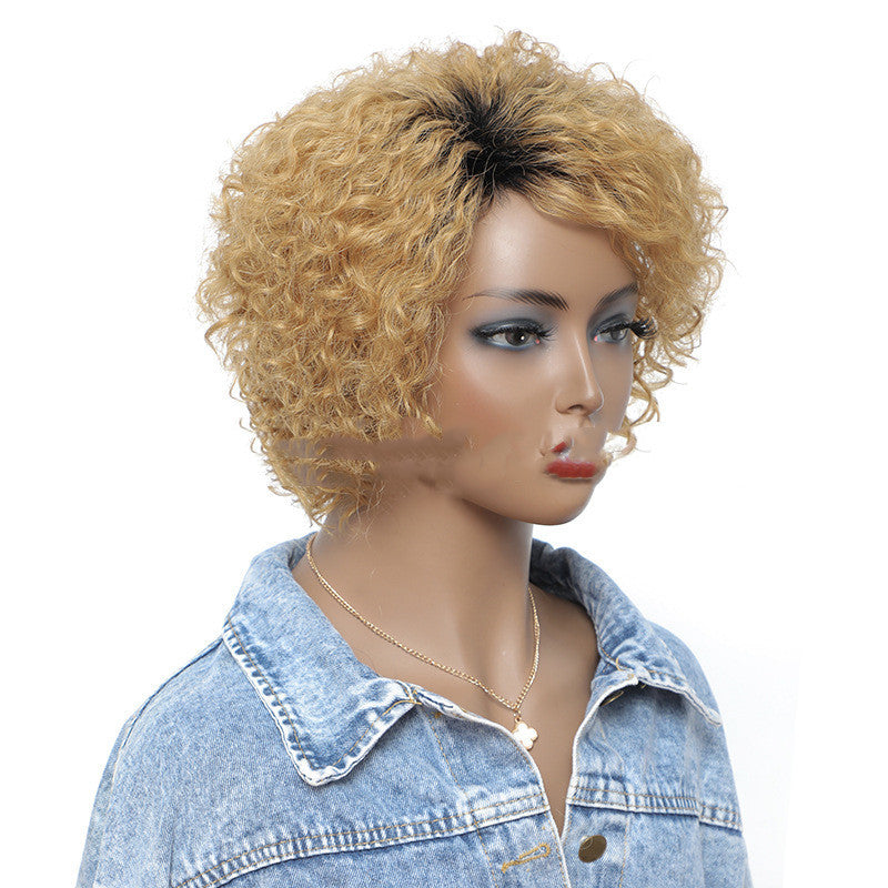 Small Curly Real Hair Headgear, Gradual Fluffy Head High-end Short Hair Cover