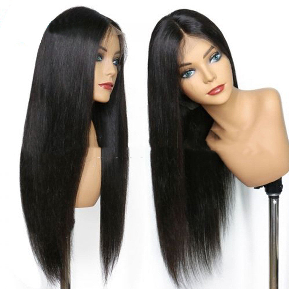 Ladies Mid-length Straight Hair Black Synthetic Front Lace Wig Headgear