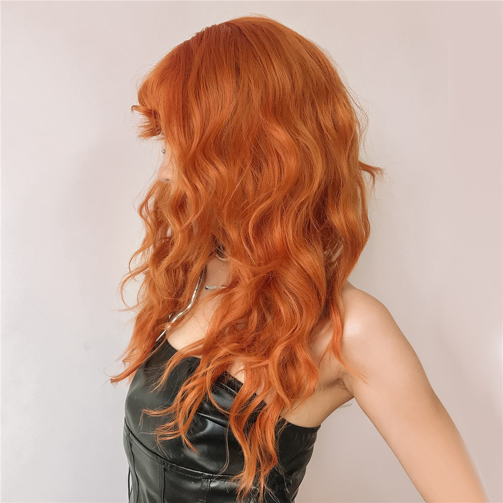 Human Orange Long Curly Hair With Bangs Wig